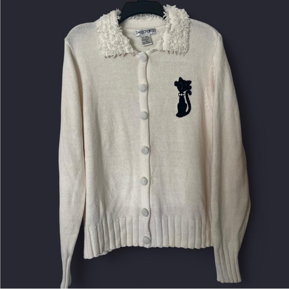 Vintage Passports Cat Cardigan Sweater White Loop Collar 80s 90s, Approx M/L